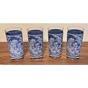Currier and Ives "Old Grist Mill" Blue and White Matte Drinking Glasses VTG (4)